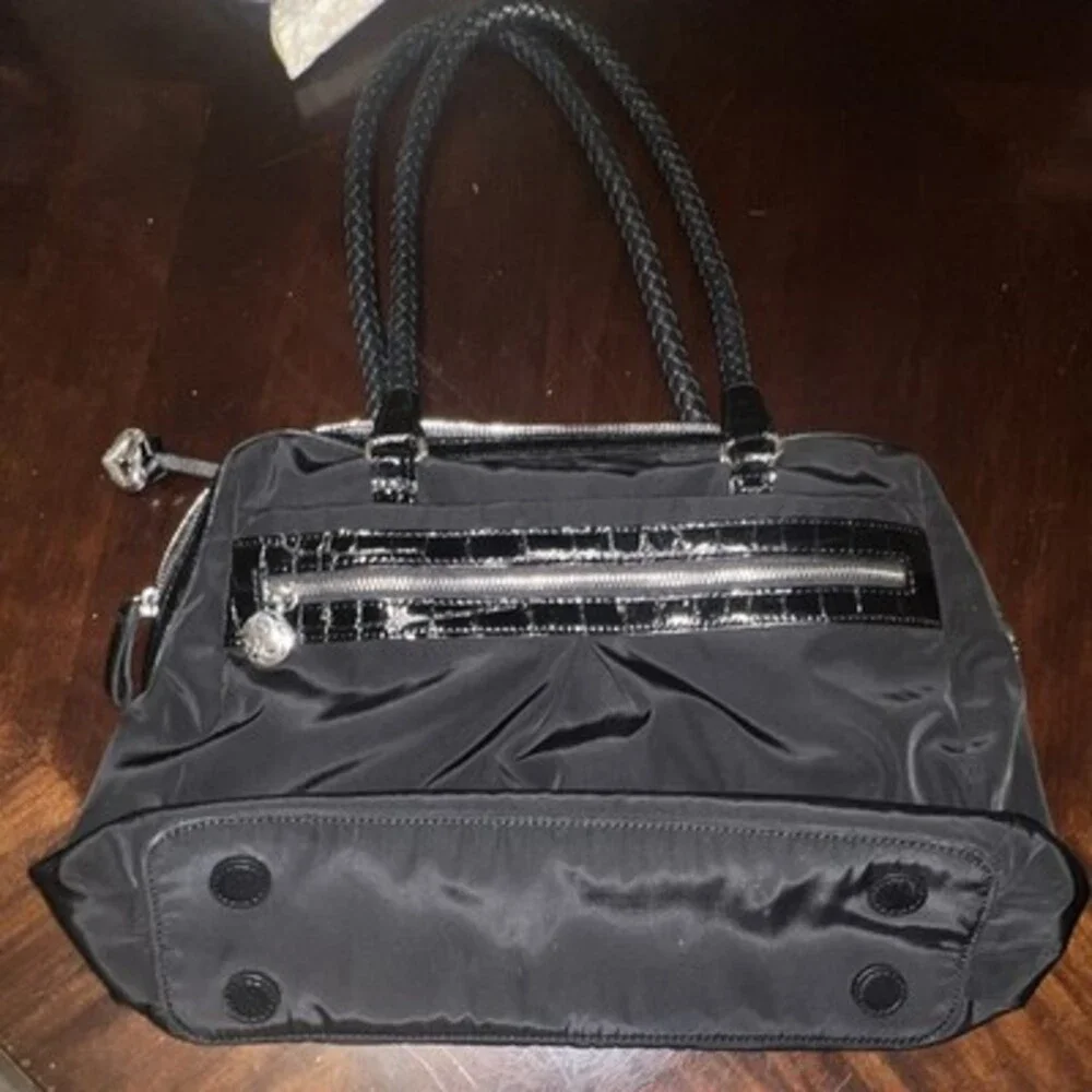 Brighton Black Satchel Top Handle Bag, Zip Closure, Silver Hardware, Charm